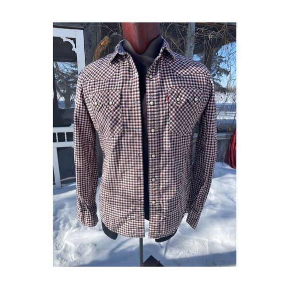 1980s Levi's Western Shirt Little e Black Orange Check Pearl Snap Sawtooth Pocke - Picture 7 of 10